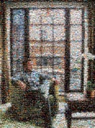 photo mosaic distance shot silhouette far man sitting chair relaxing lounging lounge lazyboy recliner