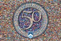 photo mosaic style_tiered school logo anniversary celebration multi-layer logo crest text overlay