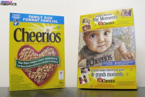Cheerios cereal box featuring the First Cheerio campaign photo mosaic design