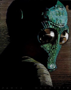 Mosaic portrait of a Star Wars character by James Haggerty using staples