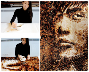Artist Hong Yi painting a portrait of a man using coffee as a medium