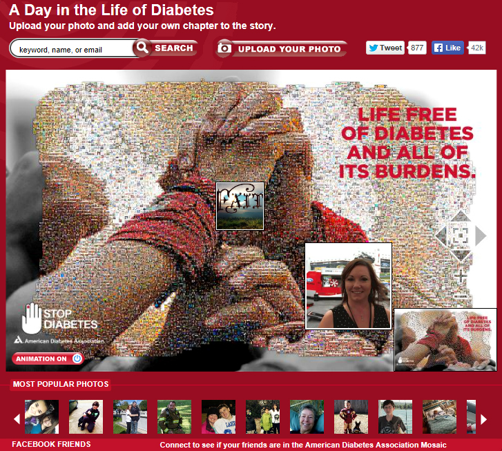 The online webpage hosting the American Diabetes Association Online Photo Mosaic
