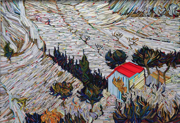 Lee Kyu-Hak Mixed-media Mosaics, showing a lone house in the woods.