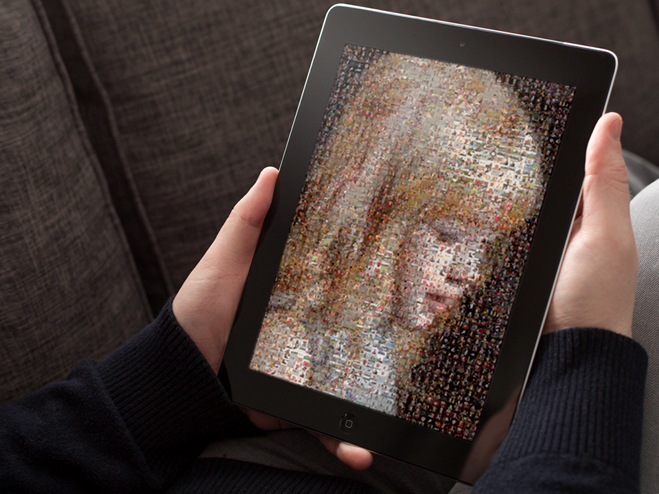 Guest viewing a photo mosaic recreation of a painting of a young girl using our Online Mosaic Tool