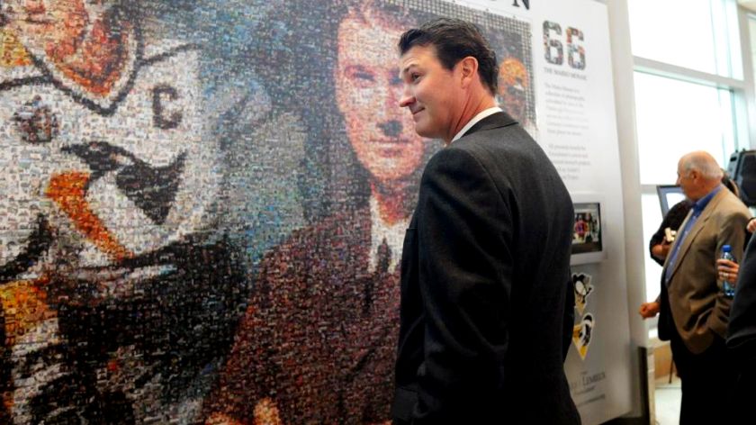 Close-up of the Mario Mosaic showing individual fan-submitted photos forming Mario Lemieux's image