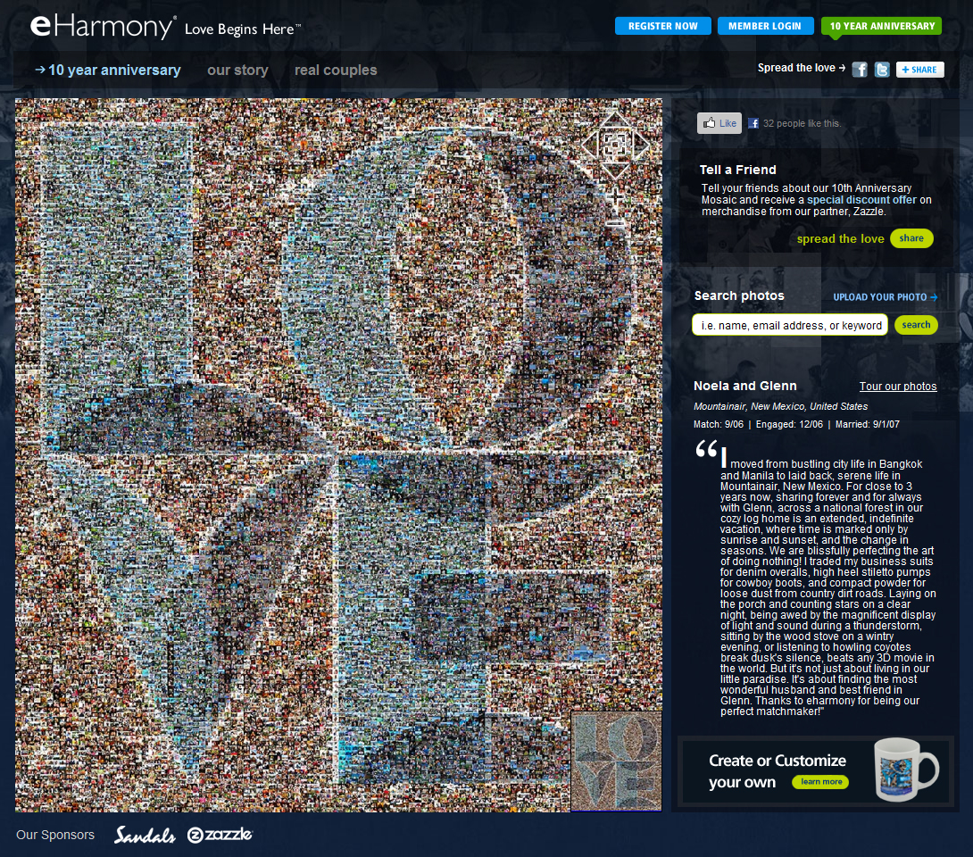Digital version of eHarmony’s anniversary mosaic displayed on their official website