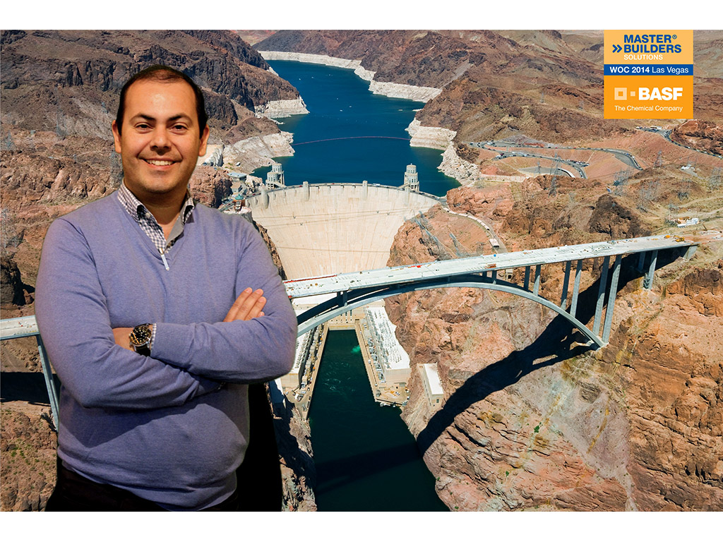 Photo mosaic tile featuring a bridge and dam, with a guest in the foreground