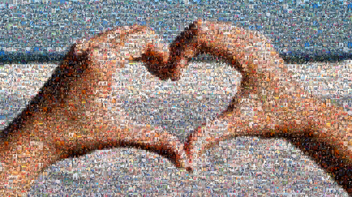 Photo mosaic of heart-shaped hands held up against a bright sky background