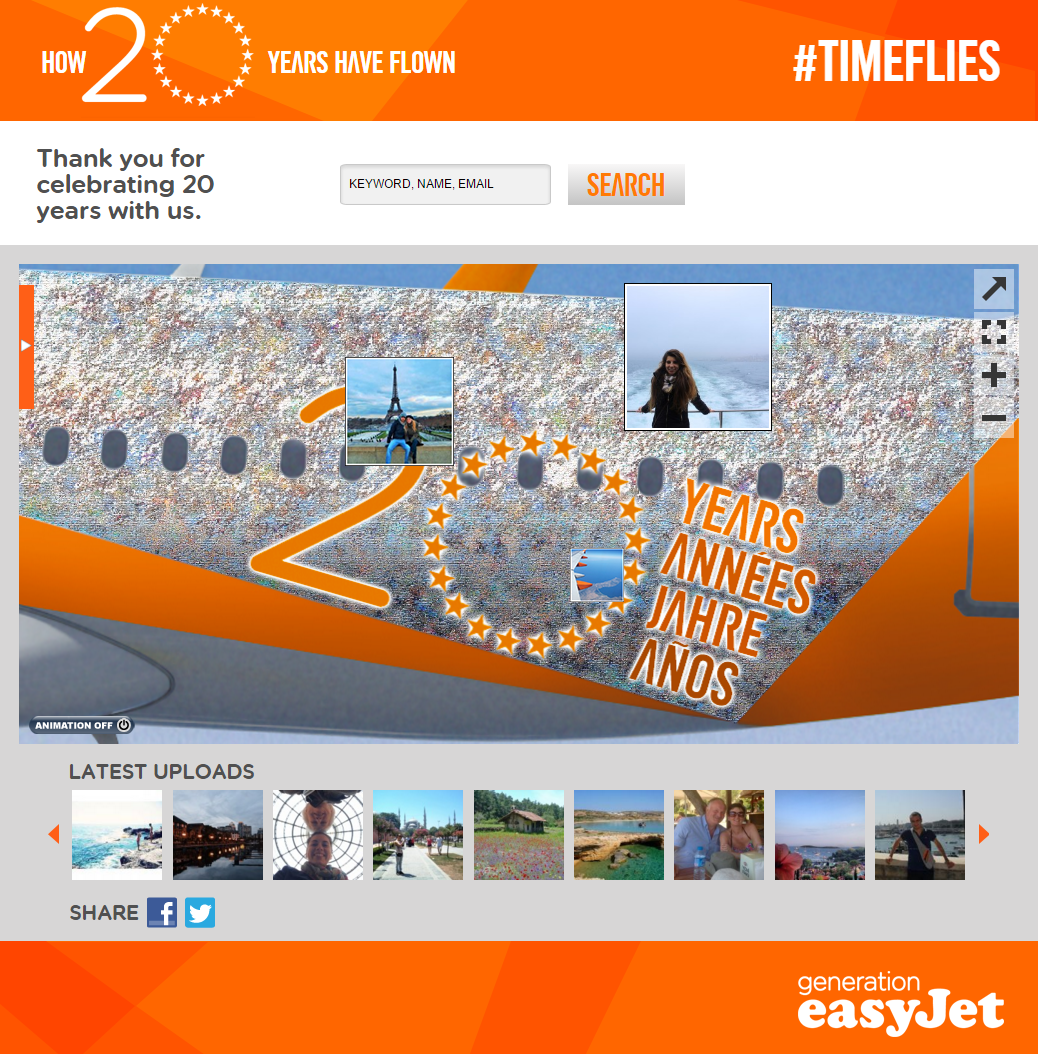 Digital mosaic webpage for easyJet’s 20th anniversary, allowing participants to explore all photo submissions