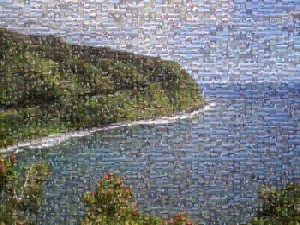 A mosaic showing a coastal landscape photo.