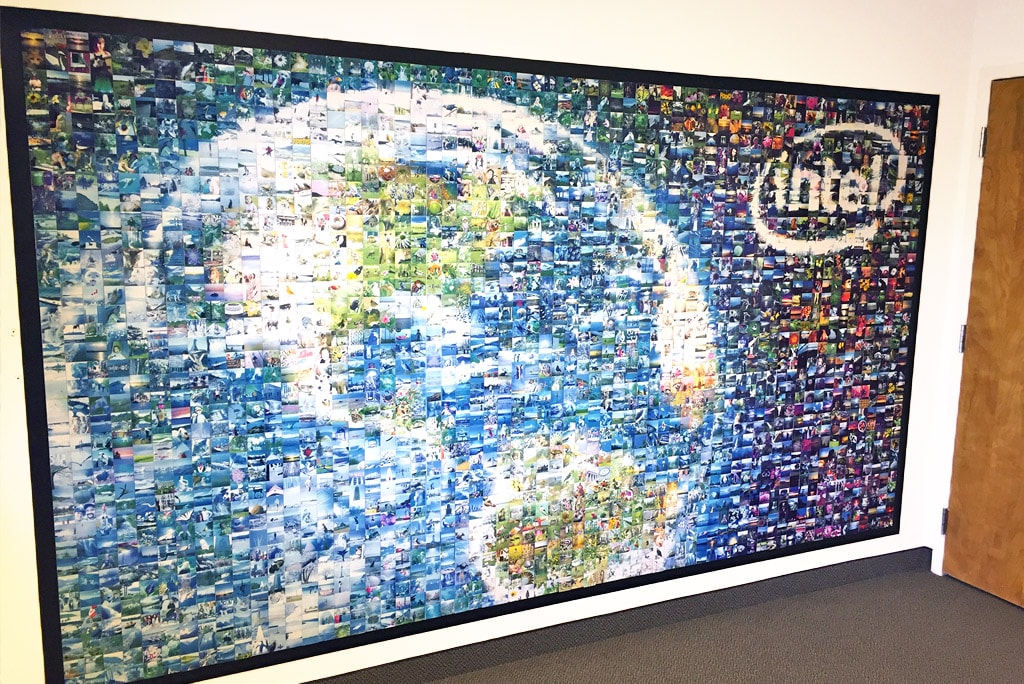 Photo mosaic of the Intel Globe made from participant-submitted images