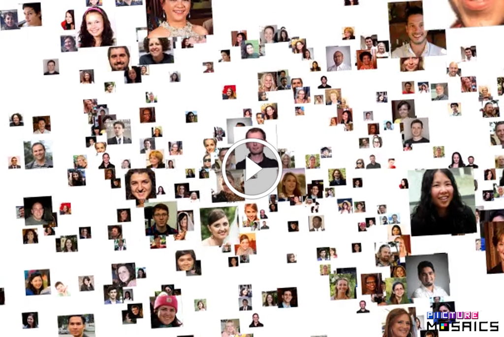 Still frame from an animated photo mosaic, showing photos flying in to build a larger image