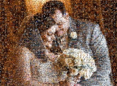 Custom wedding photo mosaic featuring the bride and groom