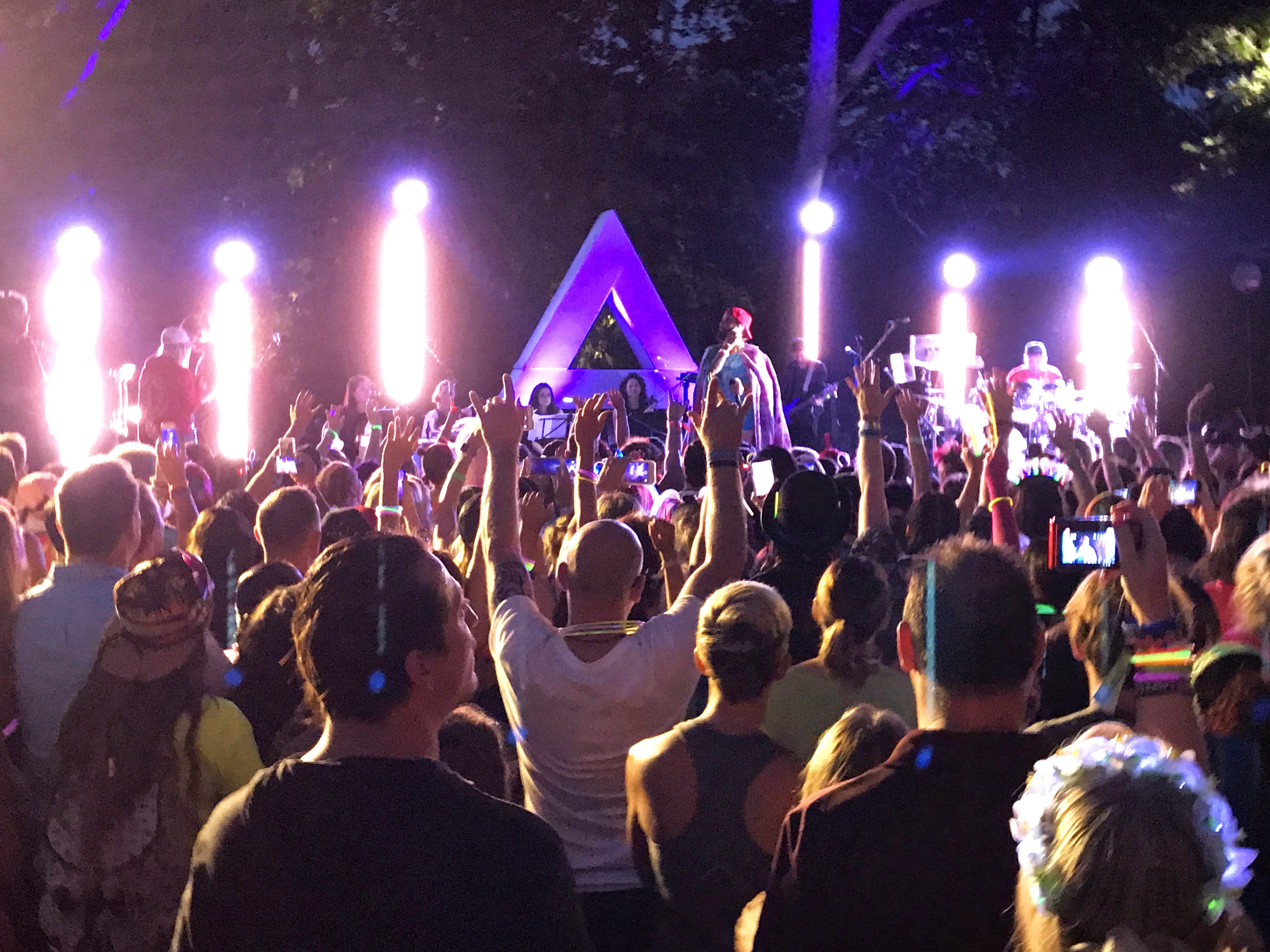Camp Mars concert crowd in front of the mosaic display