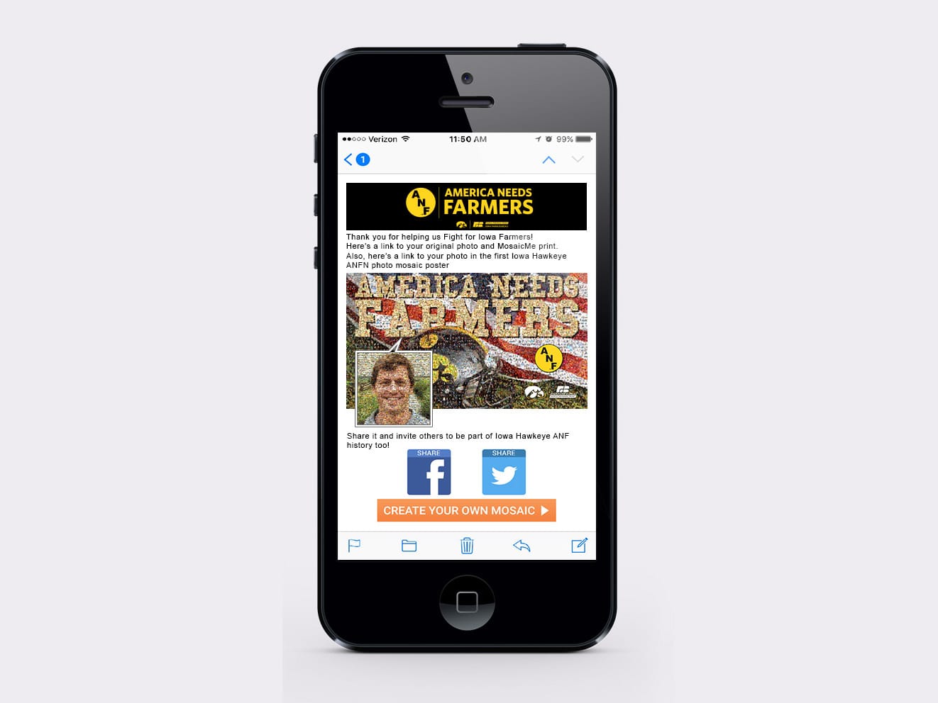 Branded ANF Hawkeye takeaway email displaying guest’s photo placement in the mosaic