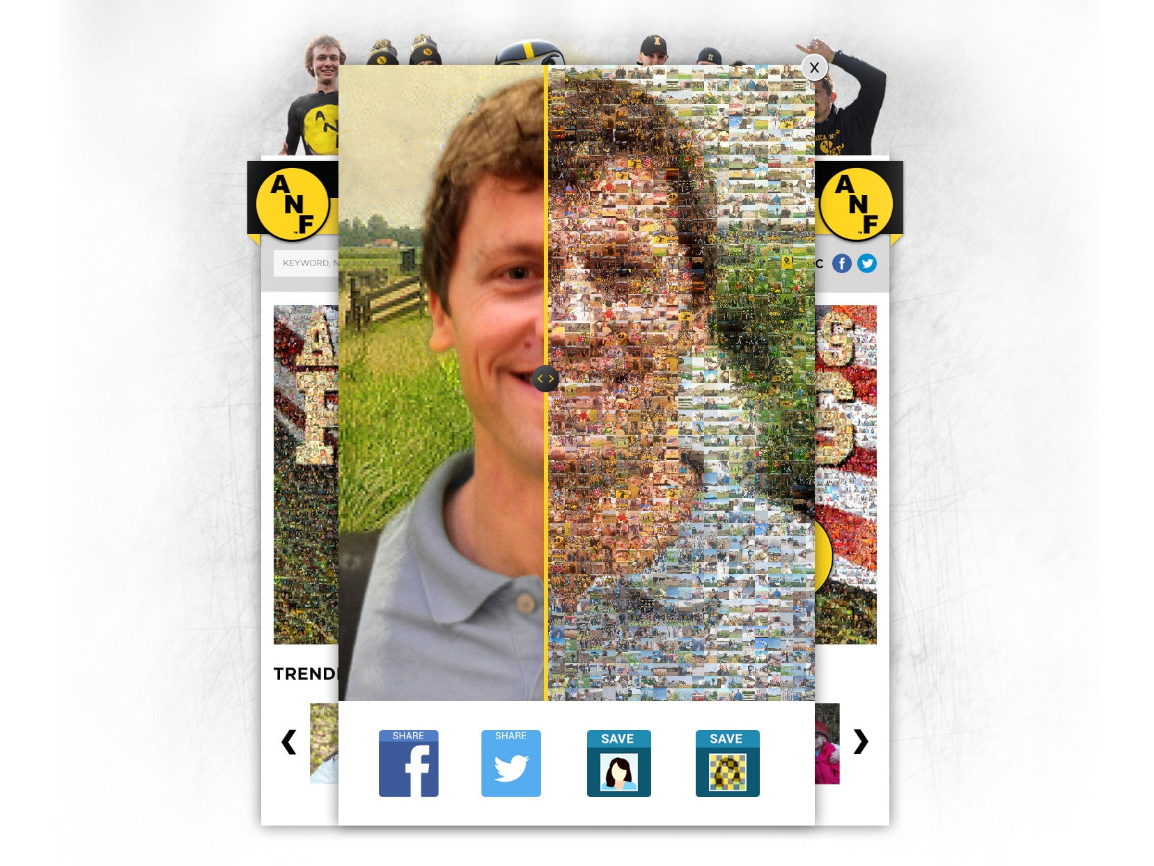 Before-and-after comparison slider showing photo transforming into a mosaic tile