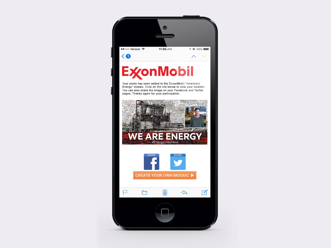 Branded takeaway email shown on guest’s iPhone highlighting their photo in the mosaic