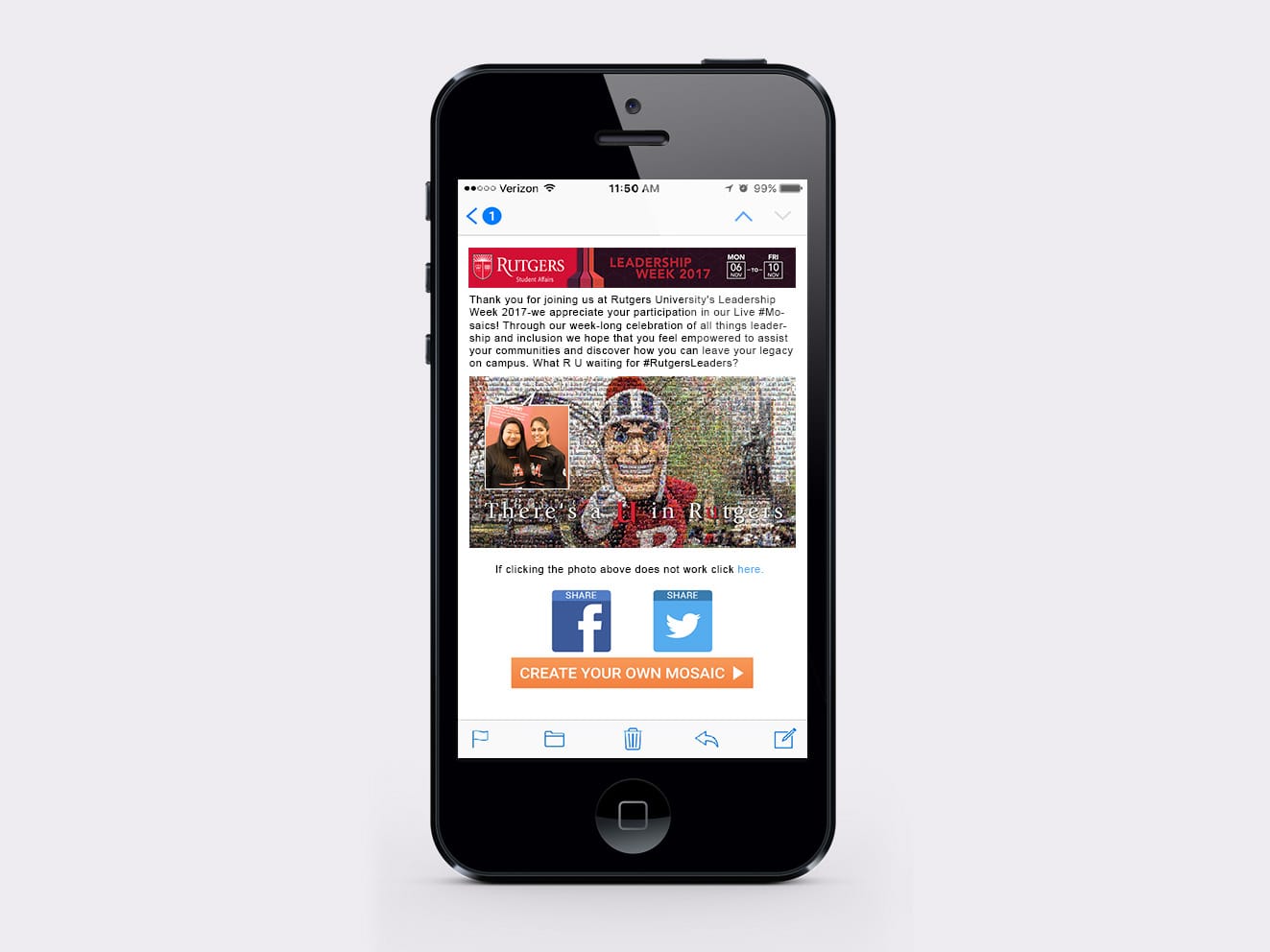 There’s a U in Rutgers branded email displaying personalized mosaic photo placement