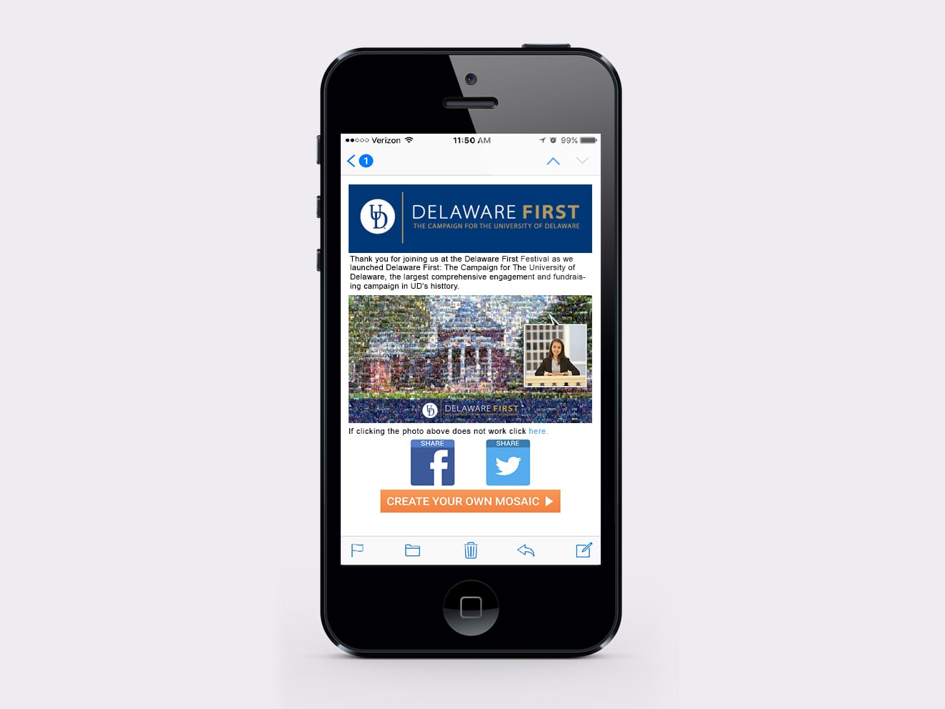 Branded Delaware First mosaic takeaway email displayed on iPhone