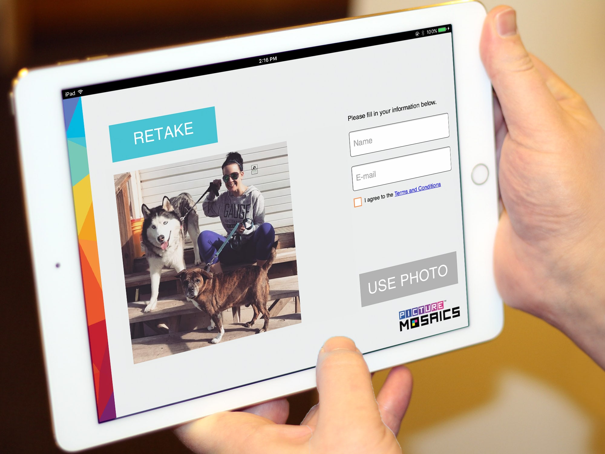 Photo mosaic app interface on iPad kiosk for guest participation

