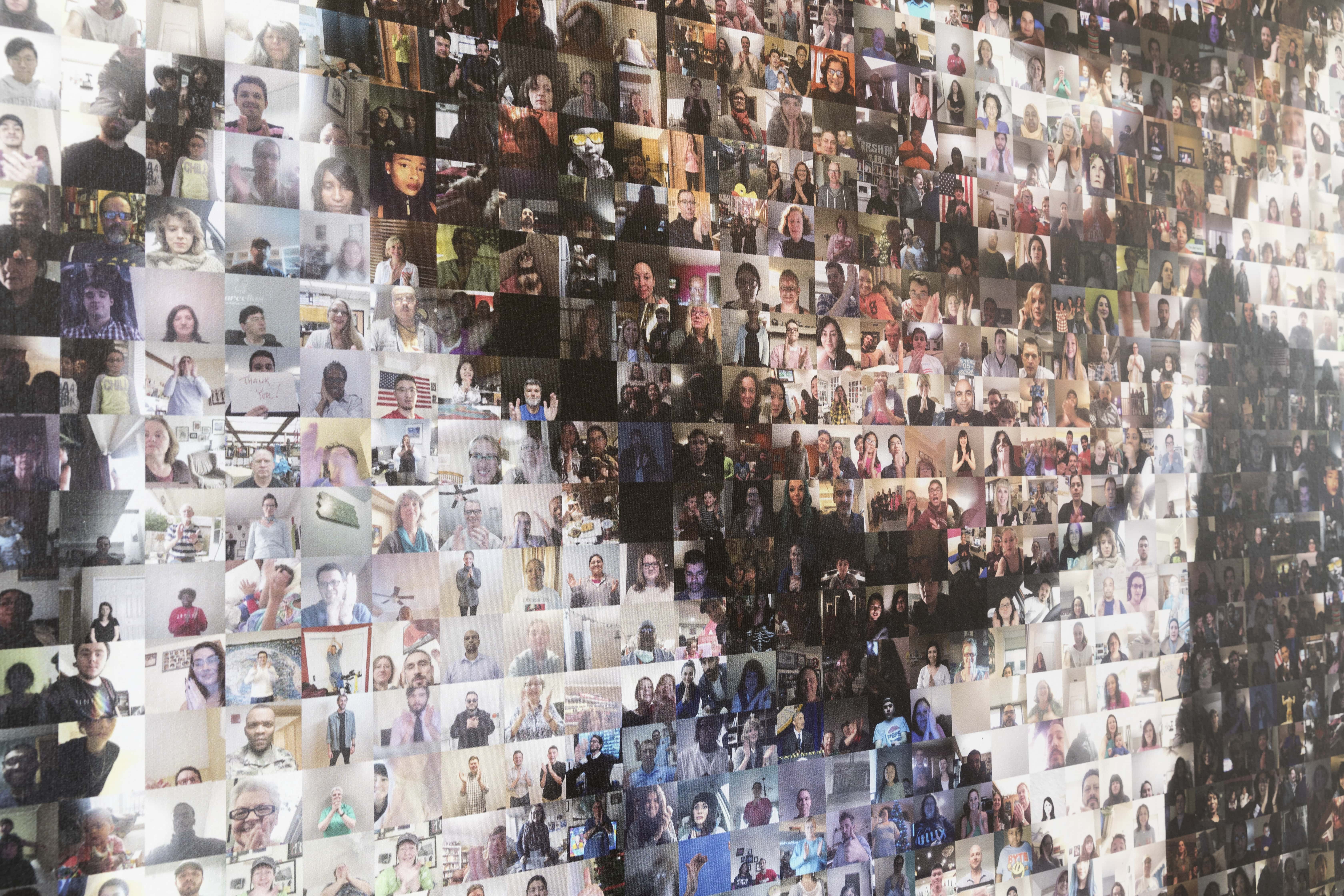 Close-up view of individual photo cells within the #TheStandingO mosaic display