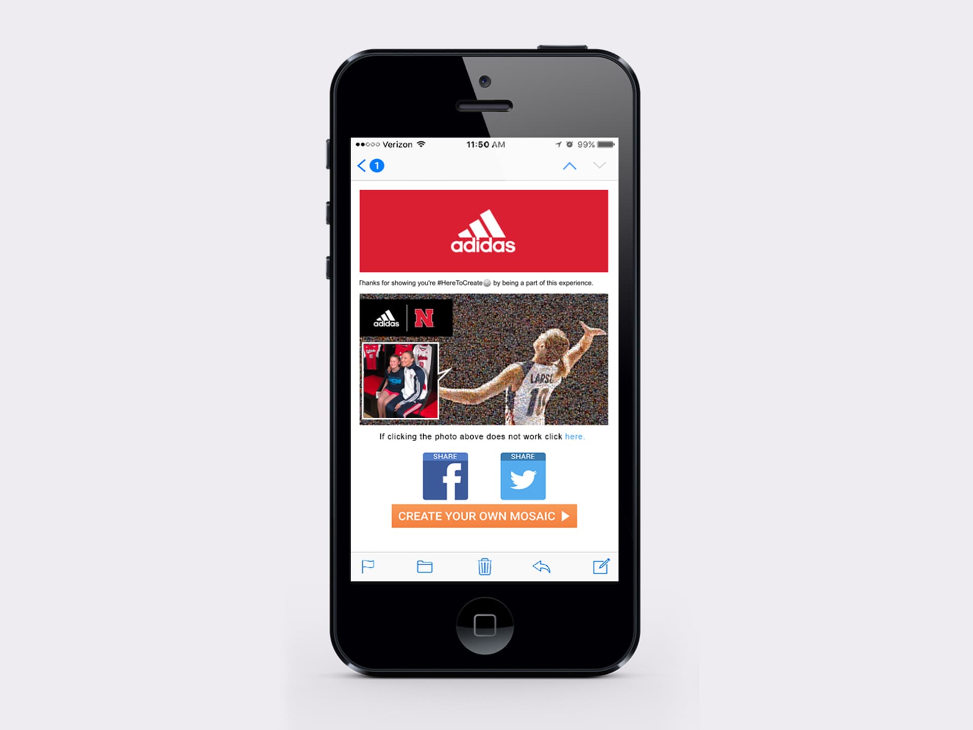 Sample email guests received with their Adidas mosaic photo and sharing options.