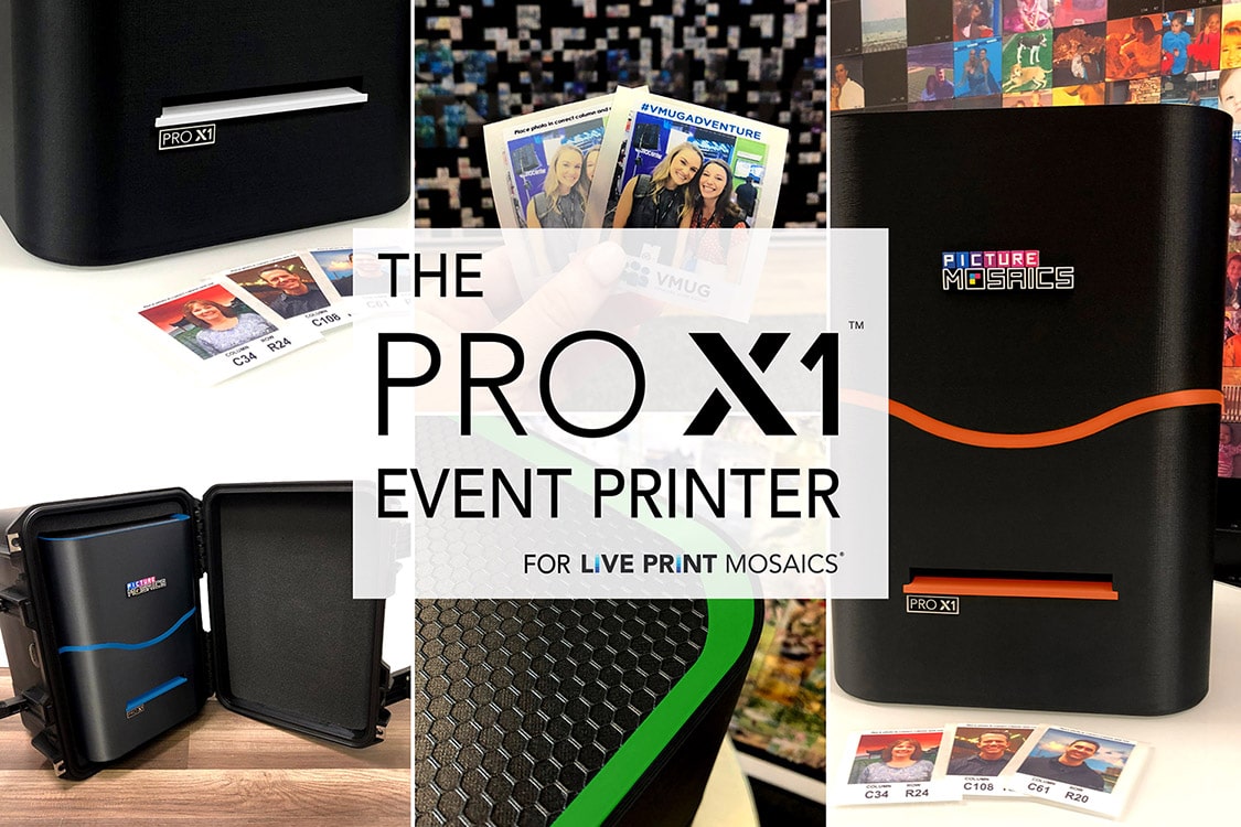 A collage of images showcasing the Pro X1 Printer for Live Print Mosaics.