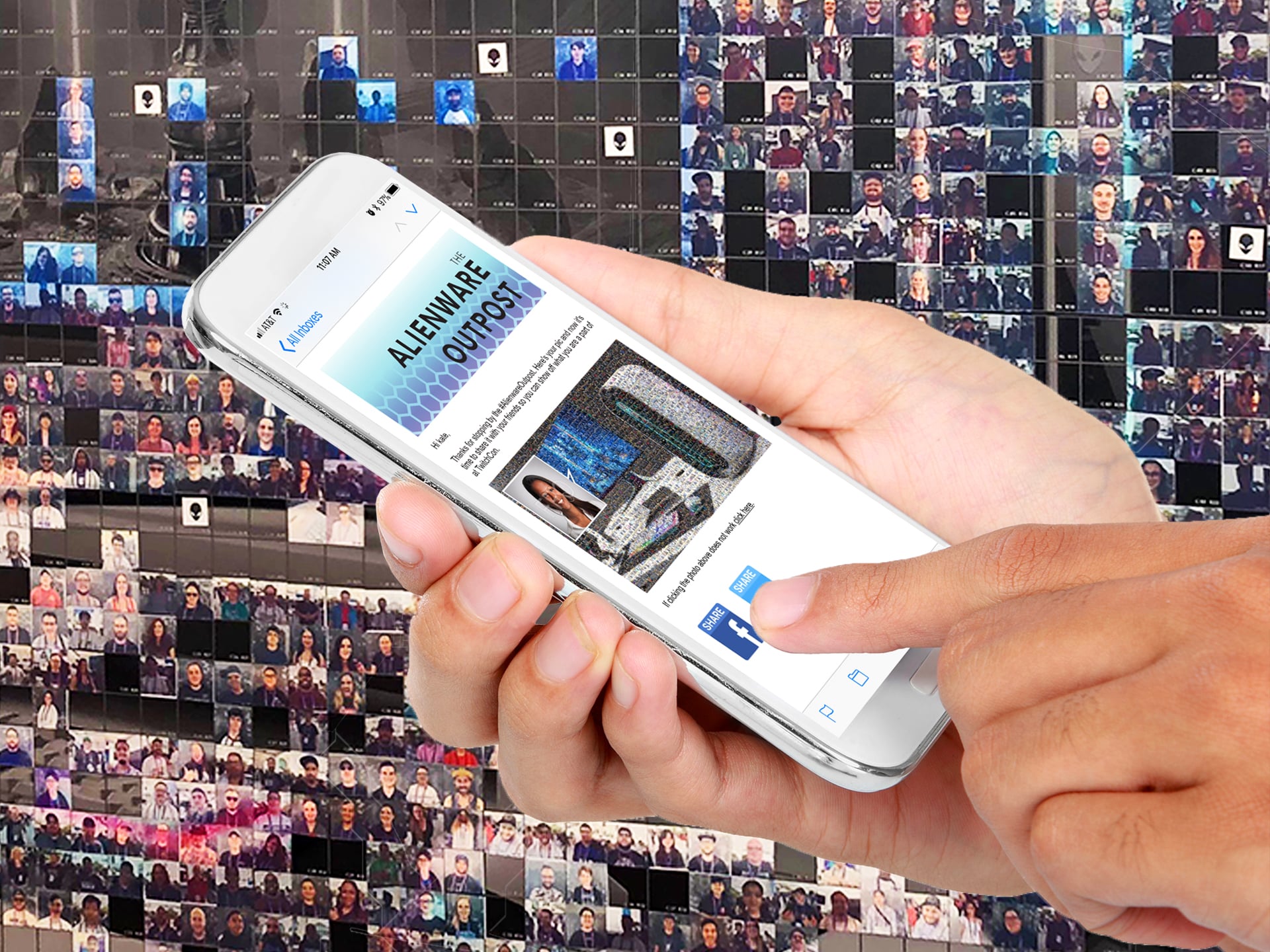 Branded takeaway email on iPhone showing guest’s photo placement in the mosaic