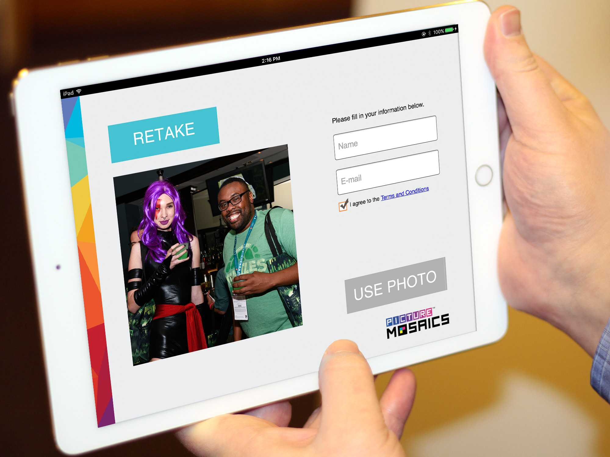 Tablet screen with input fields for name and email