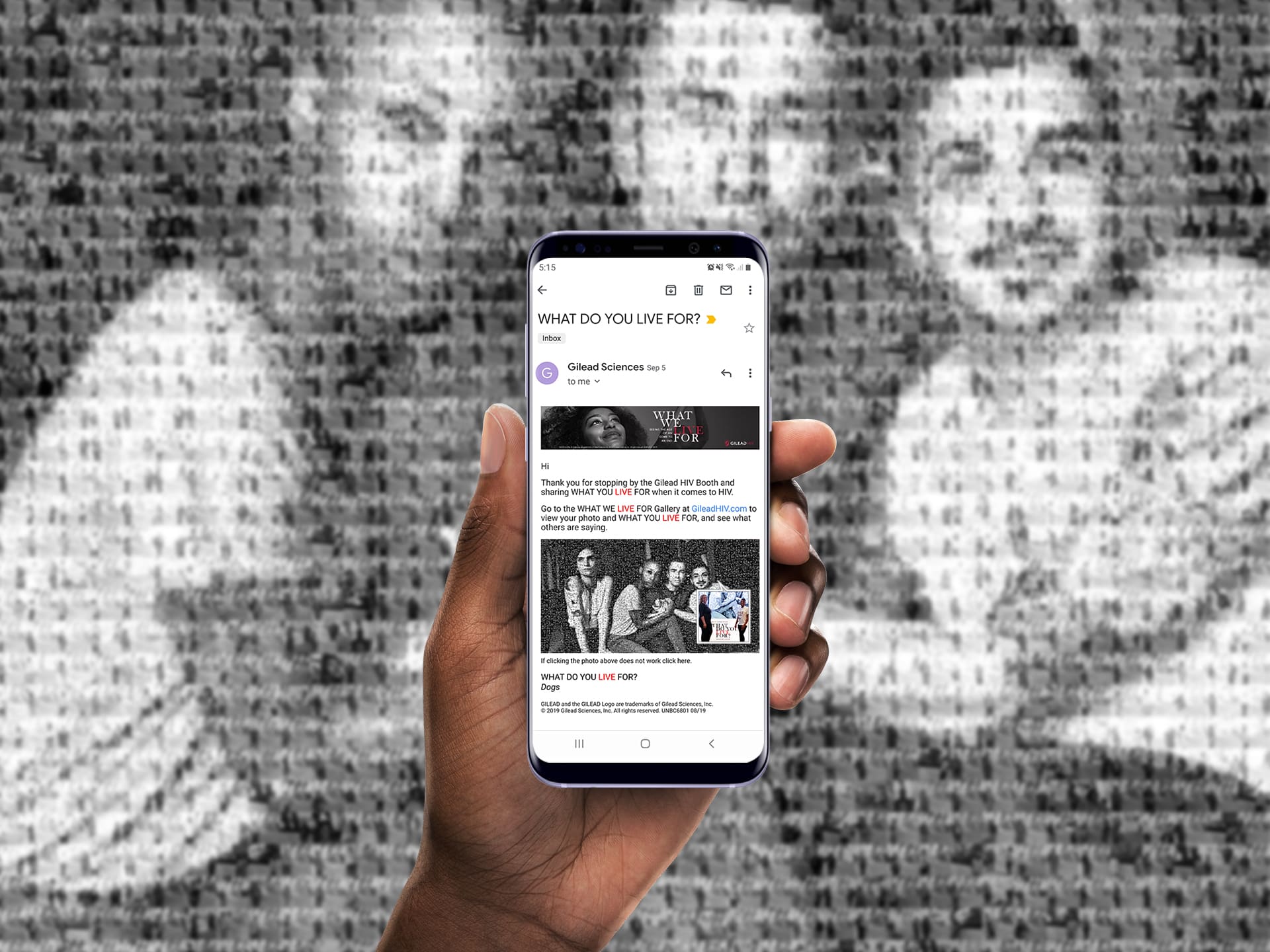 Branded takeaway email on iPhone displaying guest’s photo placement in the mosaic