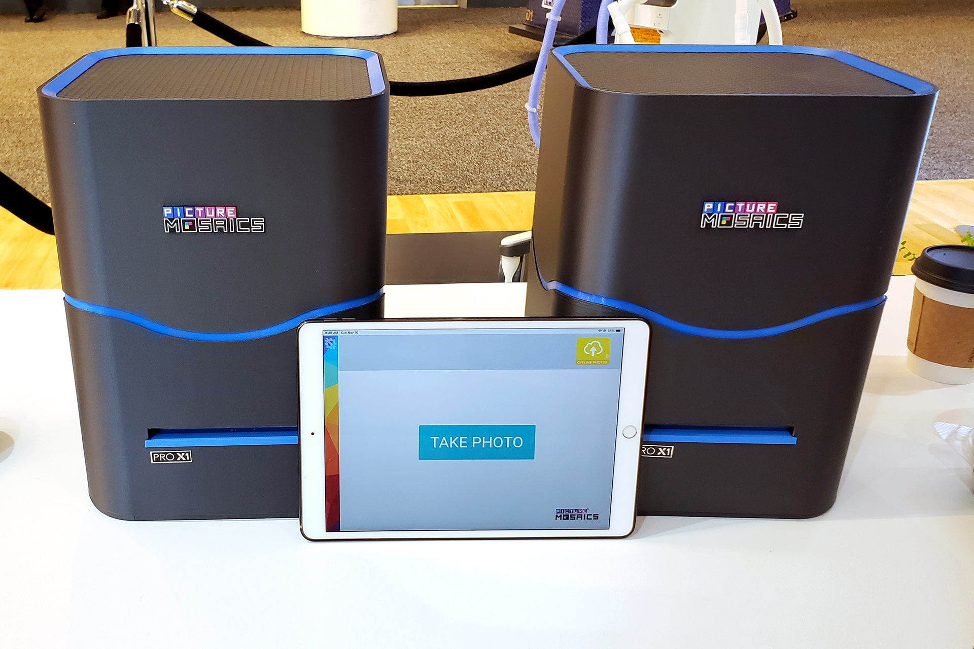 Live Print Mosaic printers set up at the AARC 2019 event, showcasing the technology used to create printed photos for the mosaic