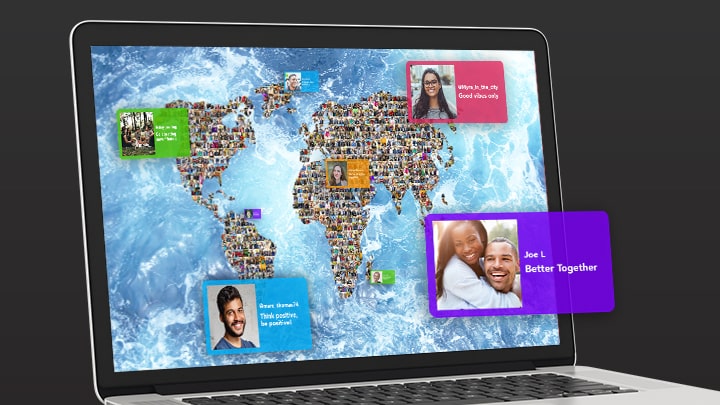 A Virtual photo mosaic of the world building on a laptop.