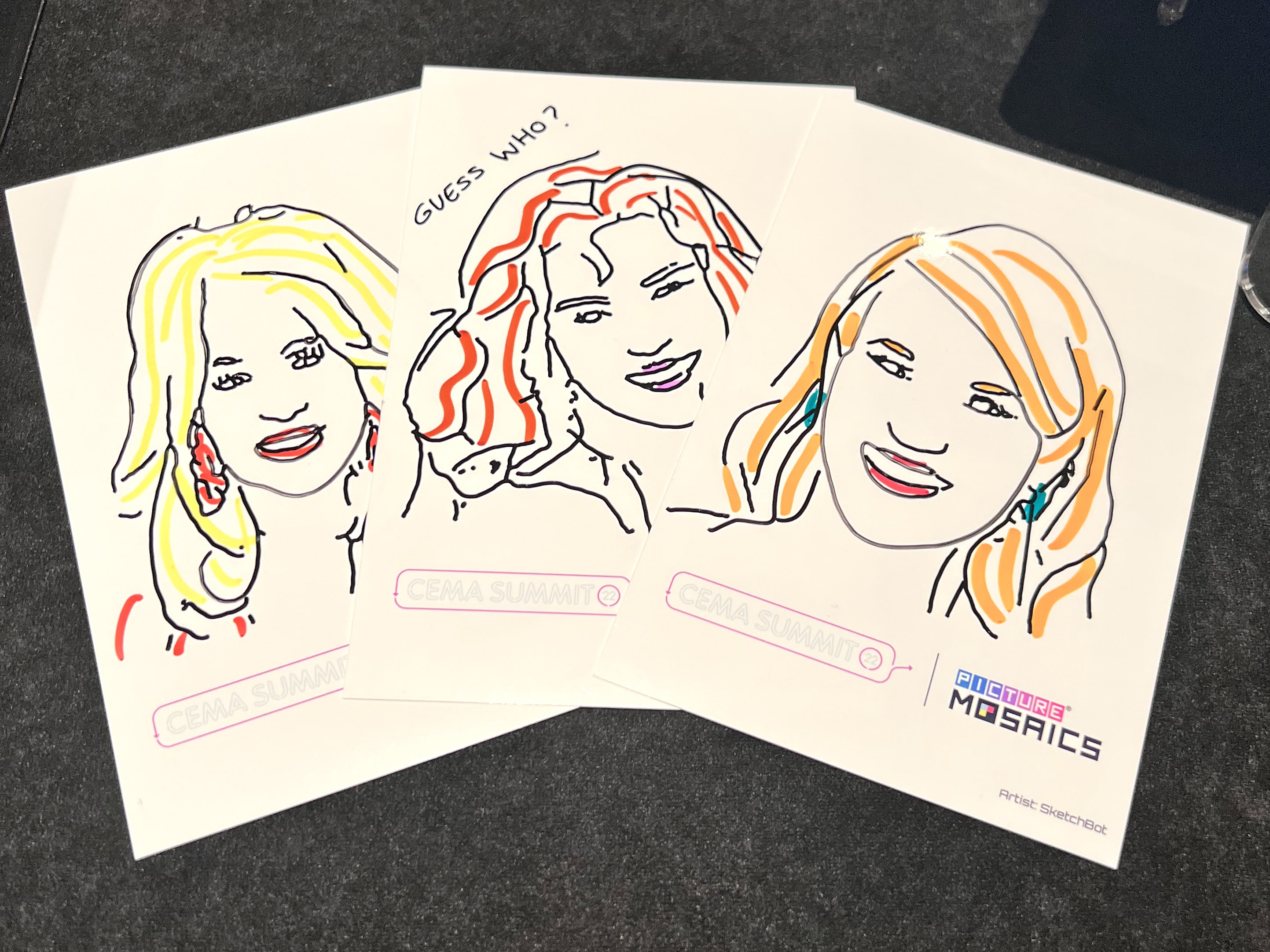 Branded Ai SketchBot portraits of three women with custom color enhancements