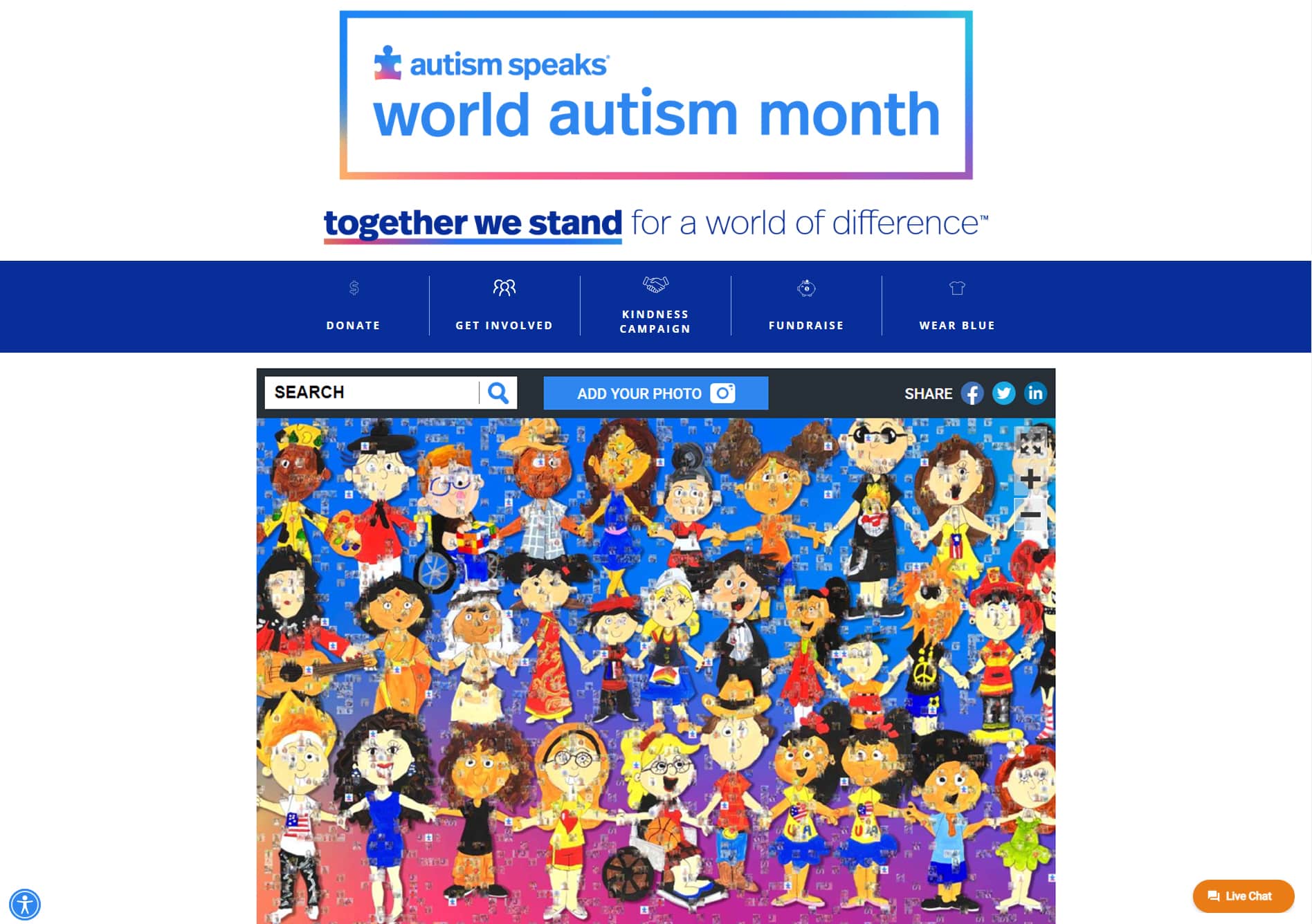 Screenshot of interactive online photo mosaic for World Autism Month with donation options