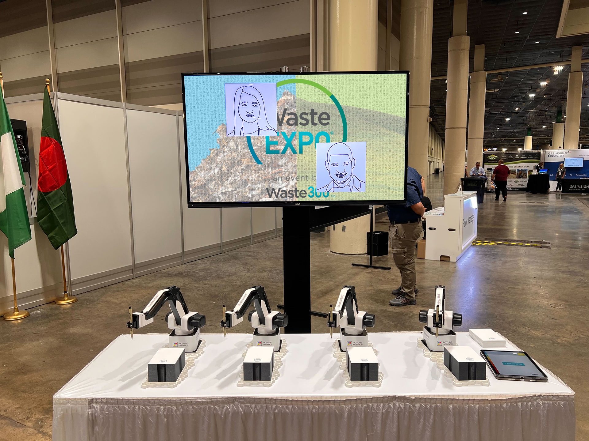 Digital SketchBot mosaic installation at Waste Expo showcasing live Ai portrait sketches