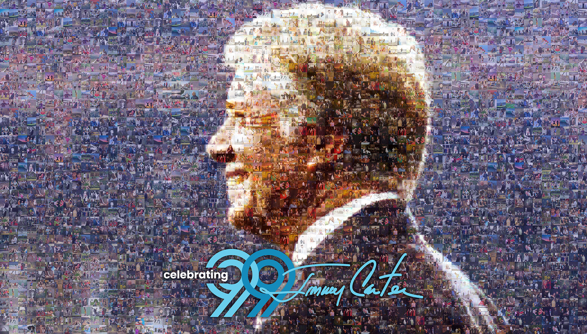 Photo mosaic of President Jimmy Carter honoring his 99th birthday with community contributions