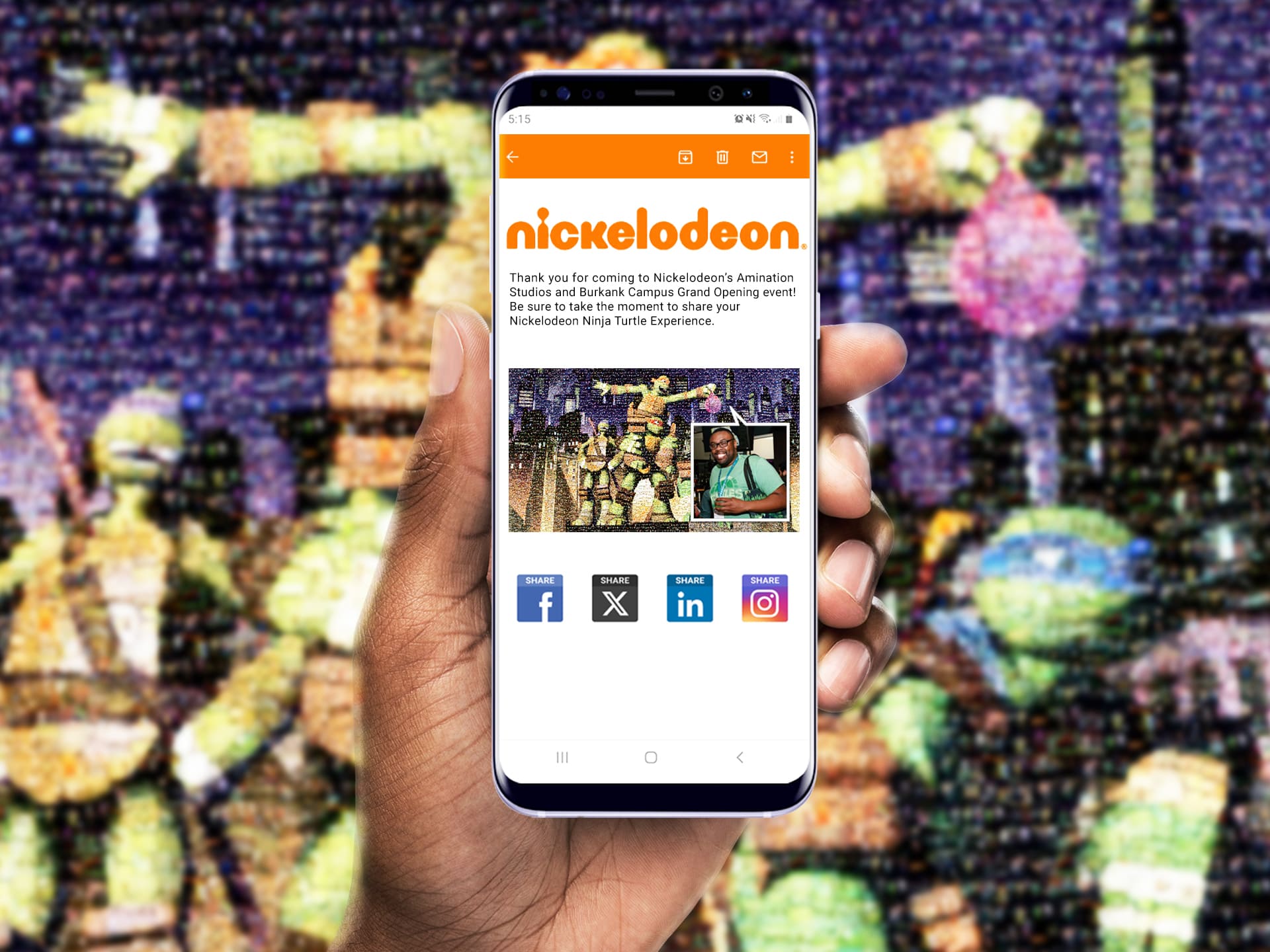 Person holding up a phone showing a digital takeaway featuring the Nickelodeon photo mosaic with social sharing options