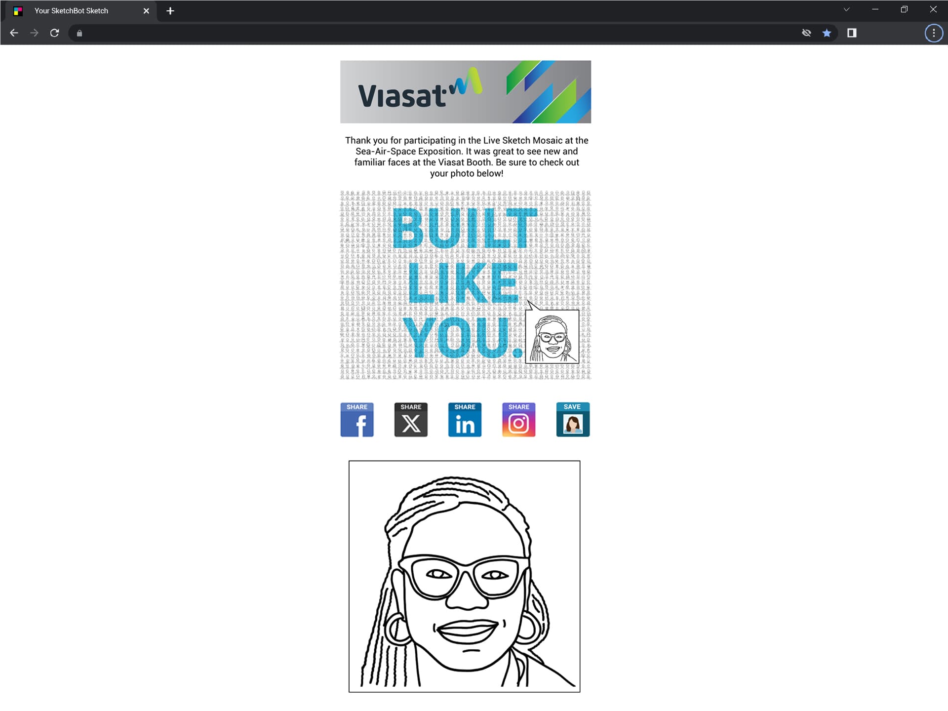 An example of a share page guests can view when they add their sketch to the mosaic.
