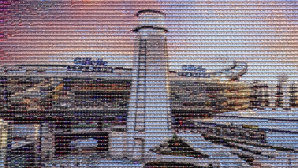 Photo Mosaic of the Lighthouse at Gillette Stadium, filled with fan photos
