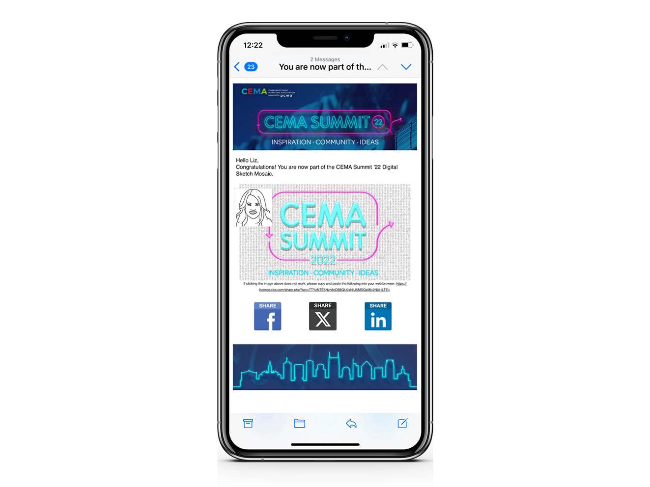 Branded SketchBot event follow-up email shown on iPhone as personalized digital takeaway