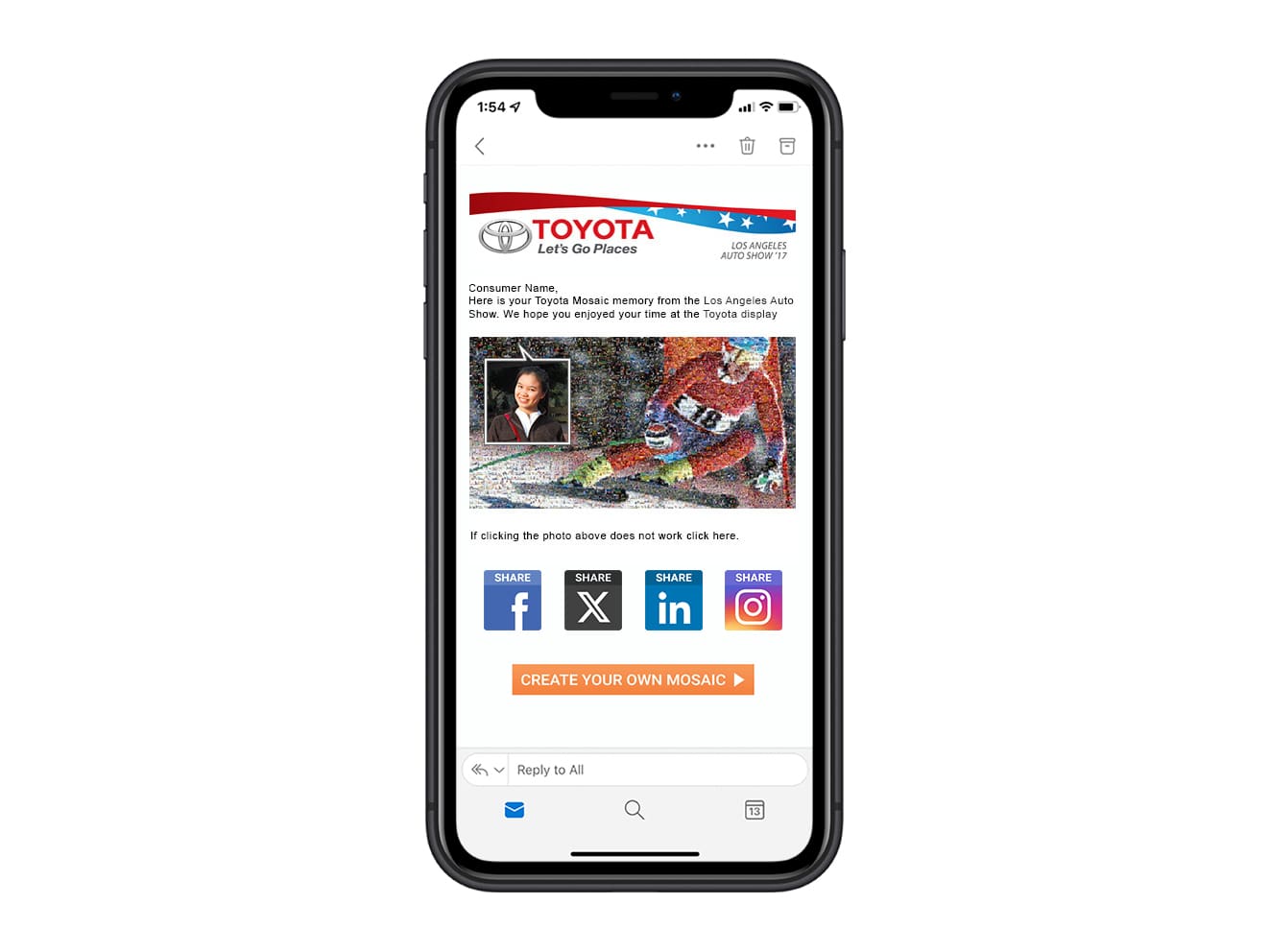 Toyota-branded takeaway email on iPhone showing guest’s photo location in the mosaic