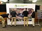 Four event participants placing their individual tiles on the photo mosaic wall