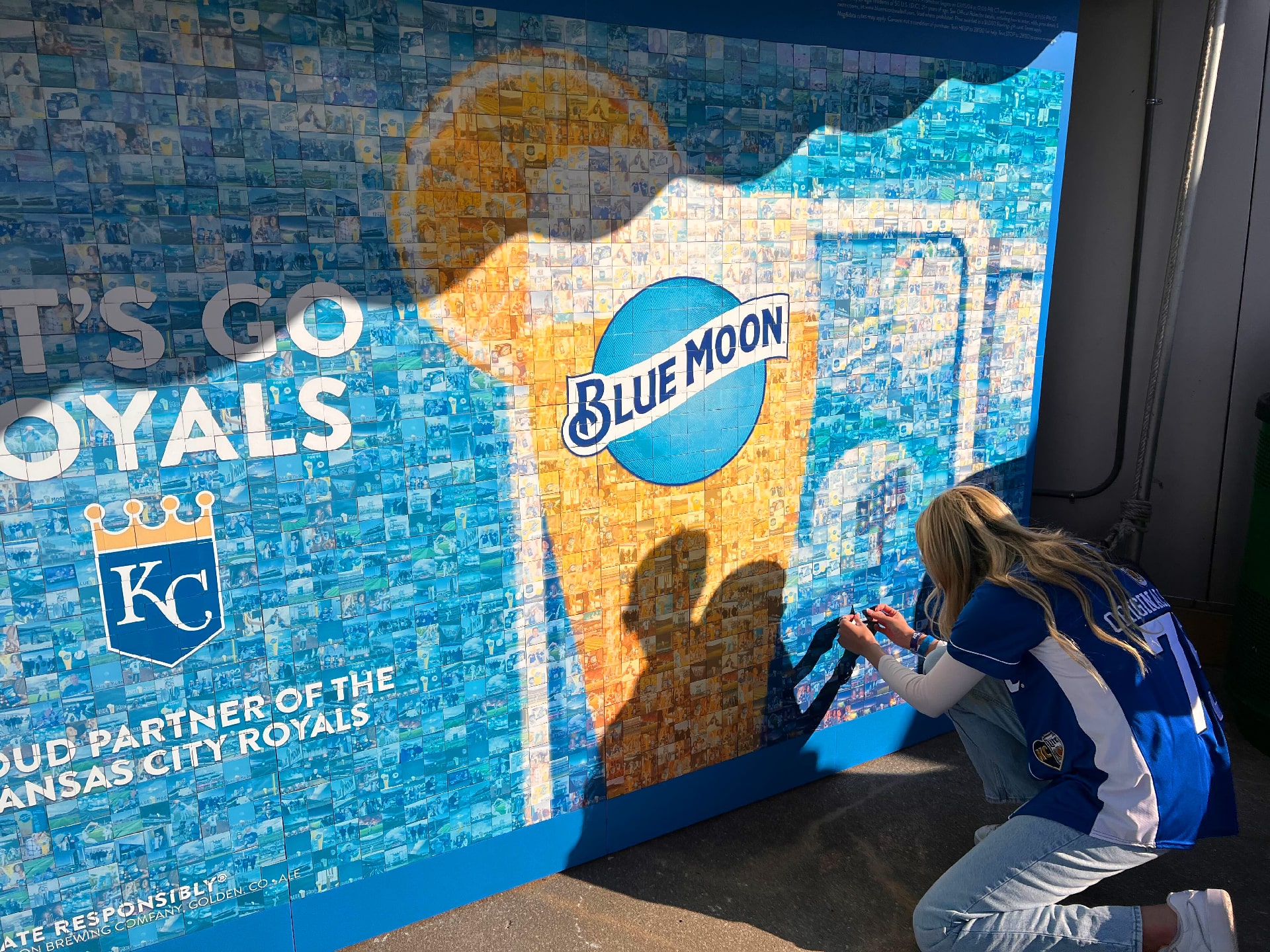 Person placing their image onto the Blue Moon photo mosaic wall