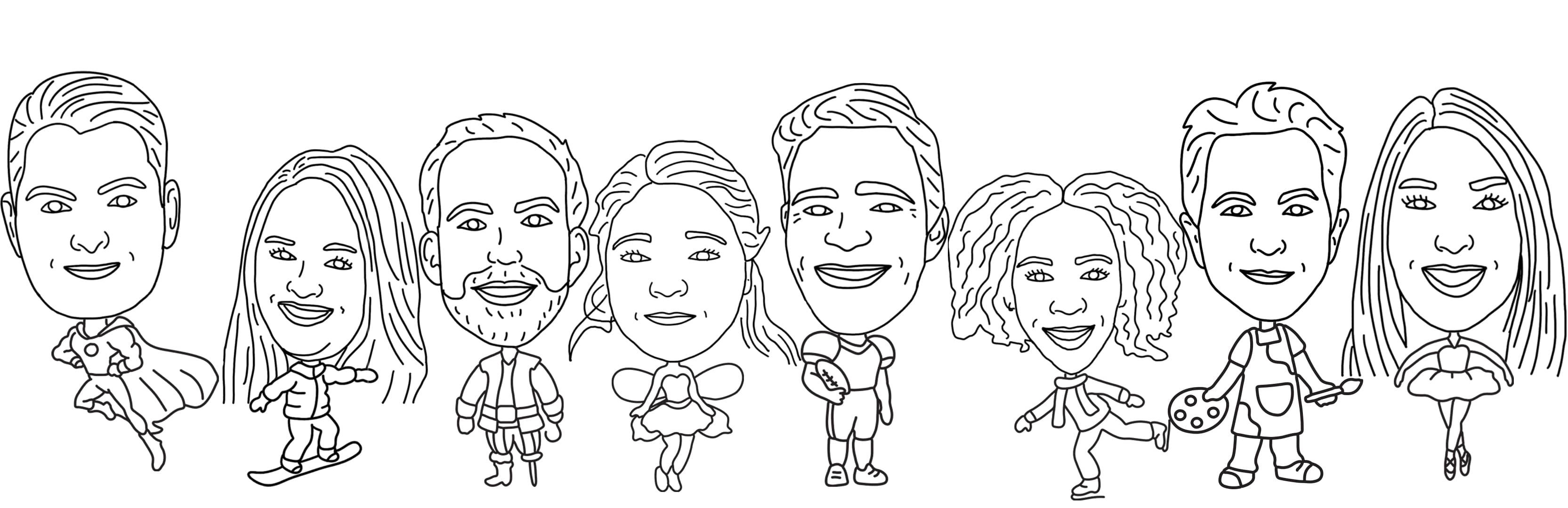 Line up of different choices of mini-bodies, from superheroes to ballerinas, SketchBot Caricature has it all