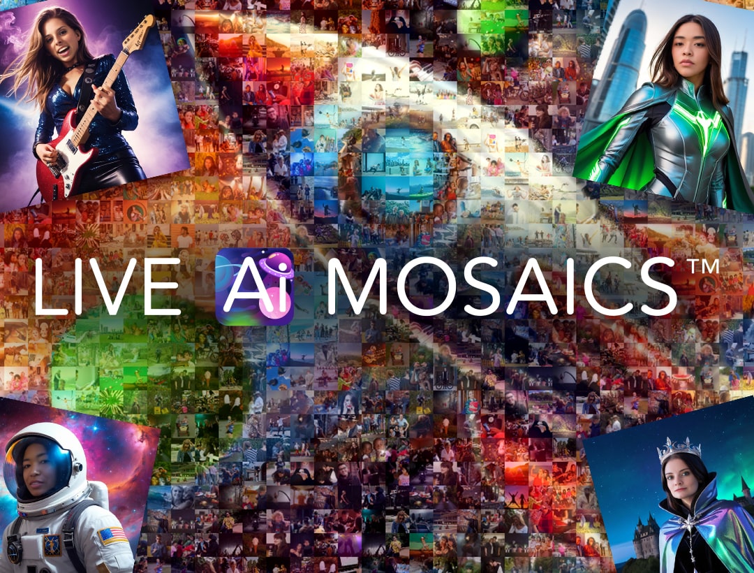Live AI Mosaics logo over a photo mosaic background with generated portraits of a rockstar, astronaut, superhero, and queen.
