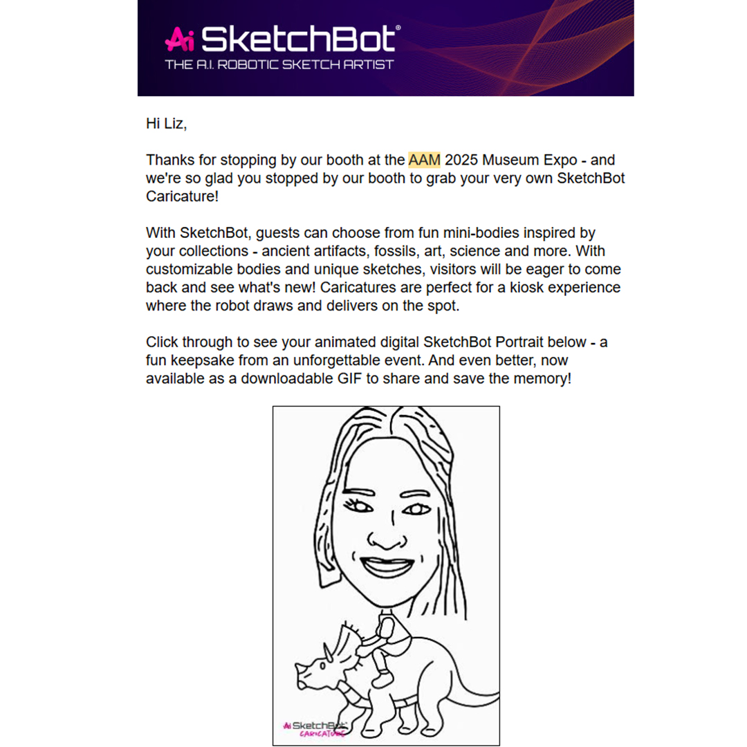 SketchBot email takeaway showing guest’s personalized sketch and digital delivery format