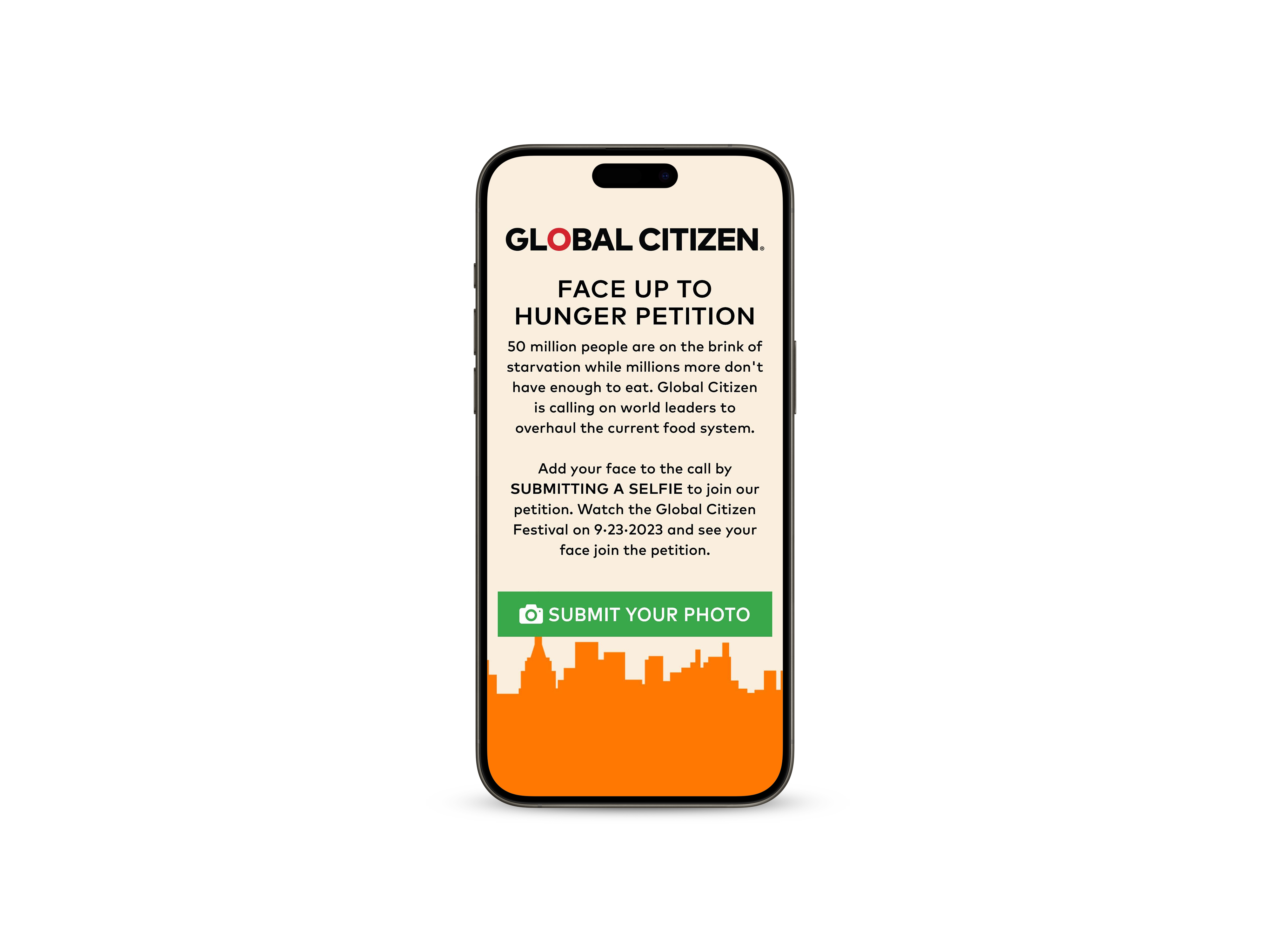 Submission flow showcased on an iPhone for people to submit their selfies for the photo mosaic and sign the petition