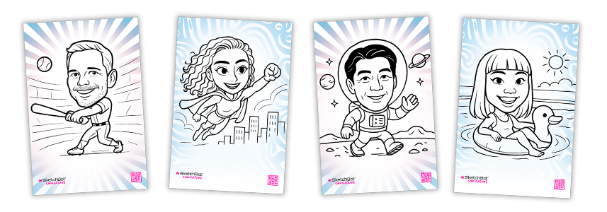 Line up of different choices of mini-bodies, from superheroes to ballerinas, SketchBot Dream Studio has it all