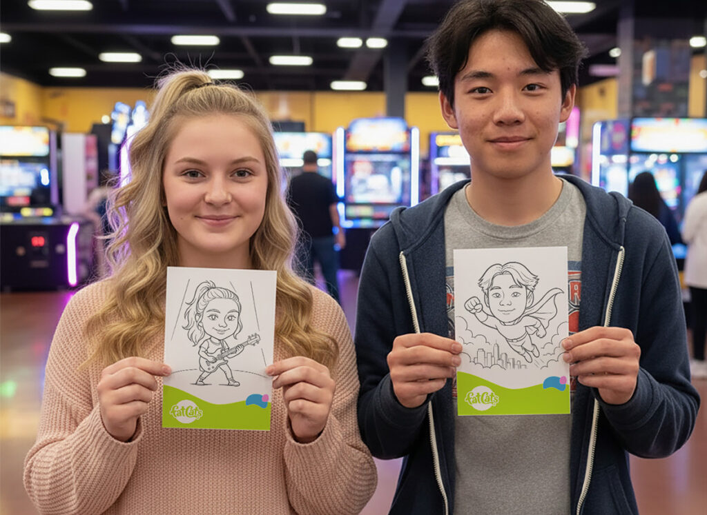 Guests at FatCats holding up their own SketchBot caricatures