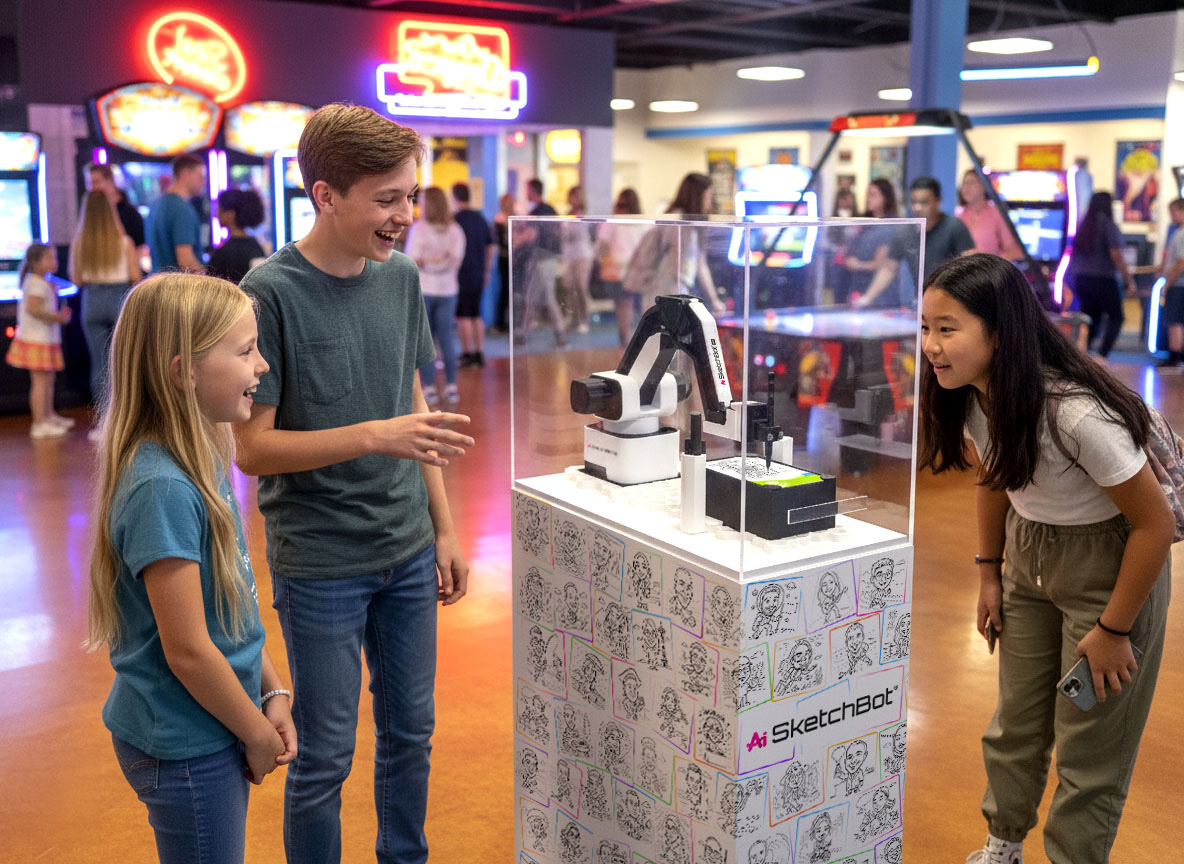 A group of kids watching as the SketchBot draws them